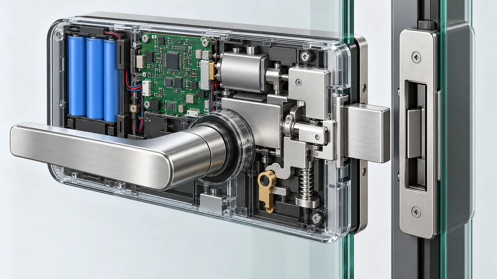 Strom- und Notöffnungsarchitektur für Smart Locks an Glastüren