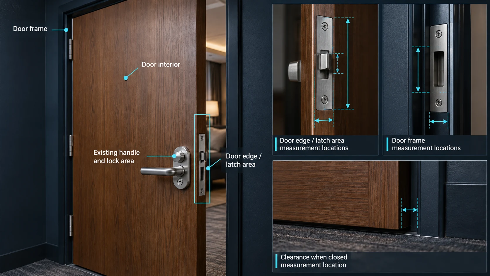 Türprüfungsdiagramm mit Tür, Rahmen, Beschlägen, Abständen und zu erfassenden Maßen