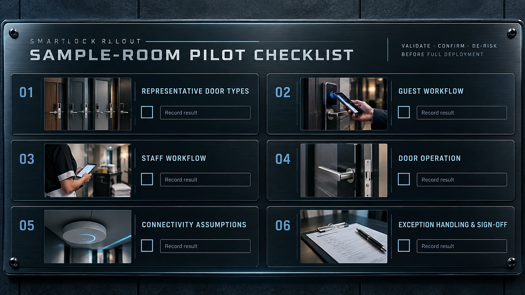 Pilot-Checkliste für Türtypen, Gäste- und Mitarbeitendenabläufe, Ausnahmen und Freigabe