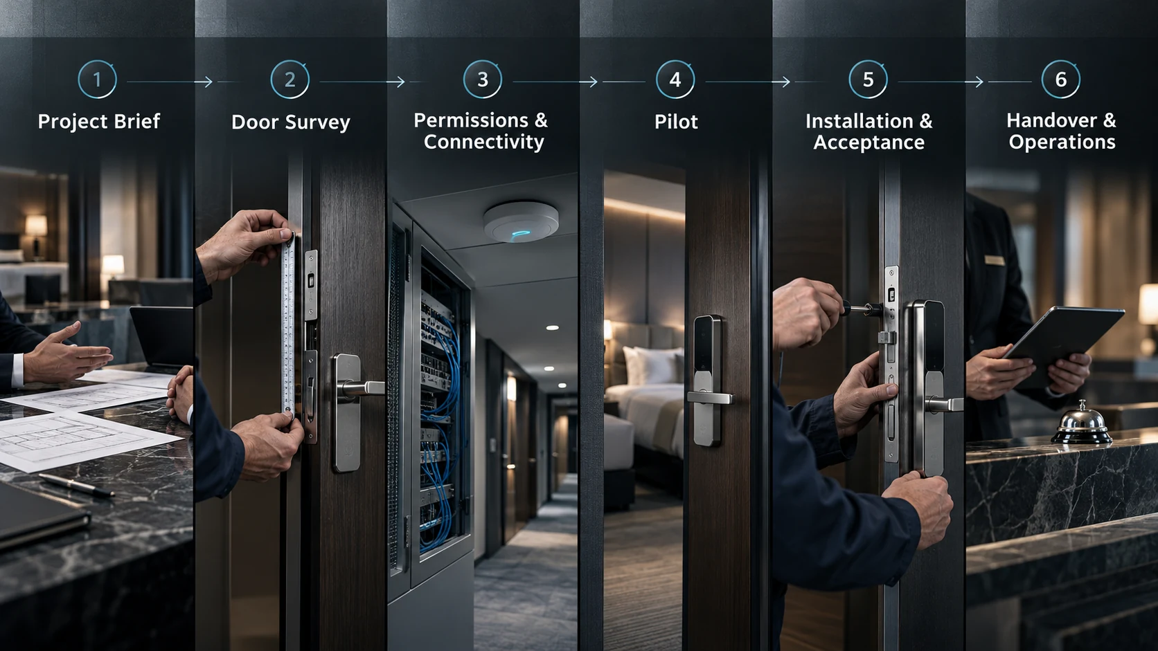 Ablauf eines Hotel-Smart-Lock-Projekts von Planung und Türprüfung bis Pilot, Installation, Übergabe und Betrieb