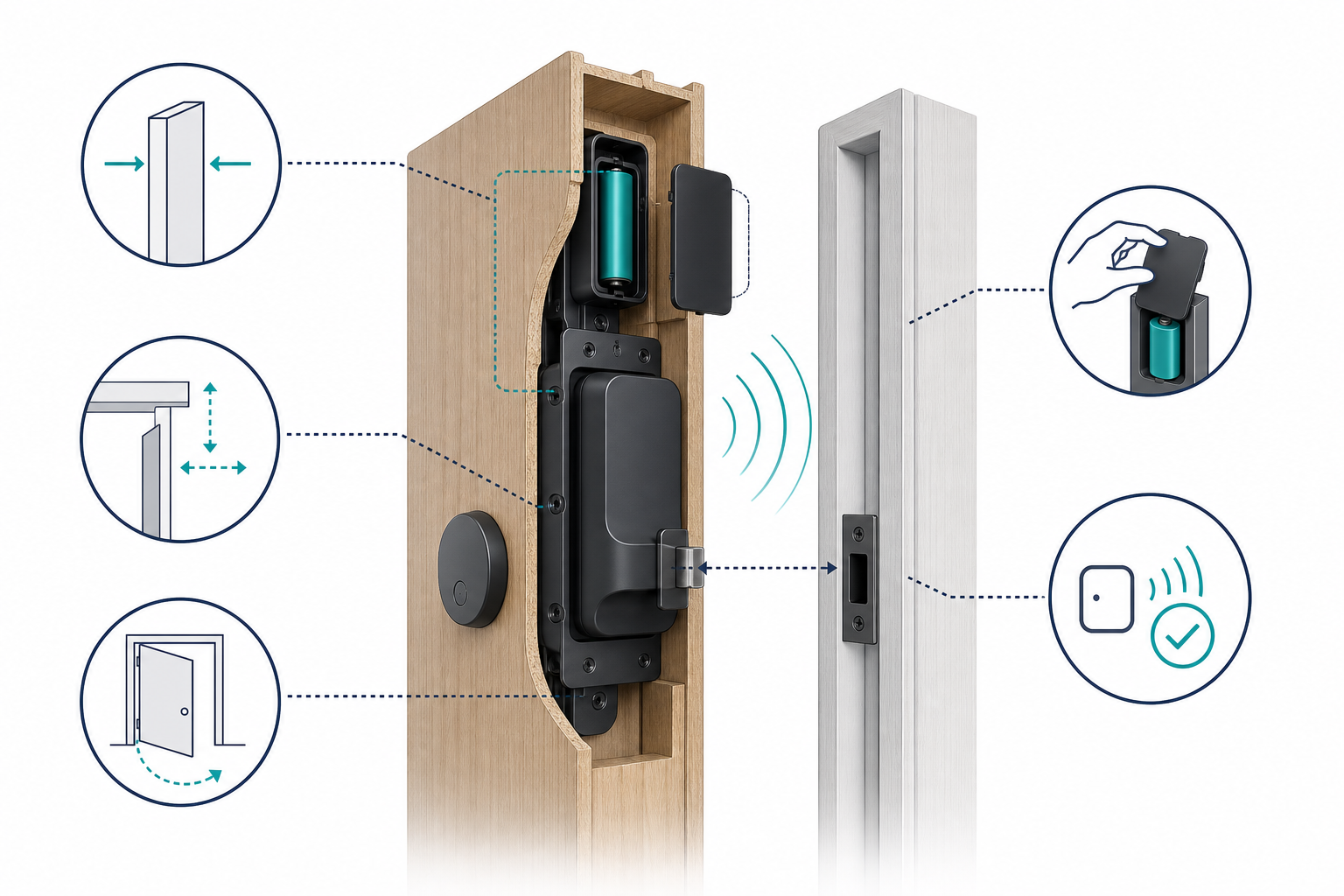 Englische technische Darstellung zur Prüfung von Tür, verdecktem Schloss, Riegel und Stromversorgung vor der Smart-Lock-Montage