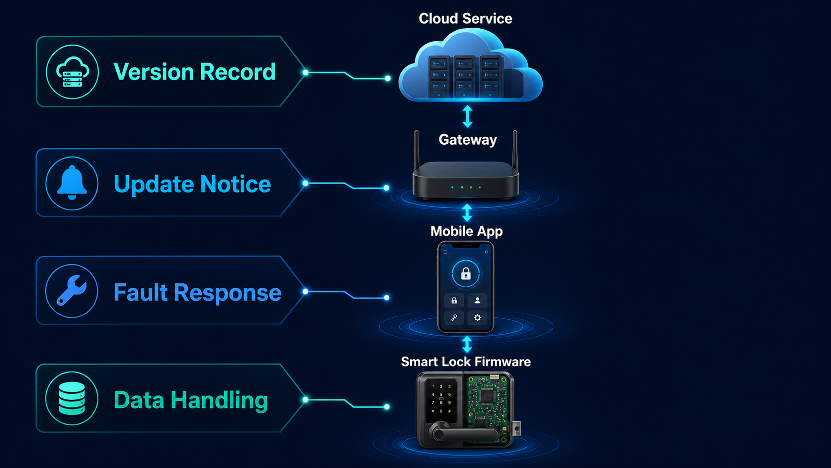 Englische technische Darstellung der Versions- und Verantwortungsgrenzen zwischen Smart-Lock-Firmware, mobiler App, Gateway und Cloud-Service