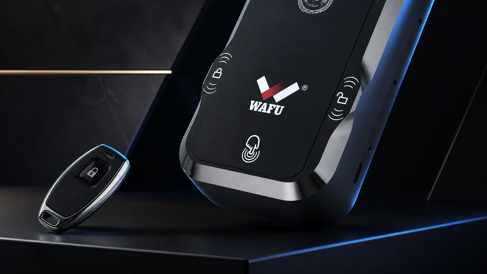 WF-026 invisible smart lock and remote shown in a premium close-up